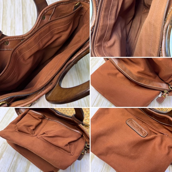 Fossil Woven Wood Handle Leather Detailed Hand Bag w/ Multi Color InnerWoven - Picture 17 of 17